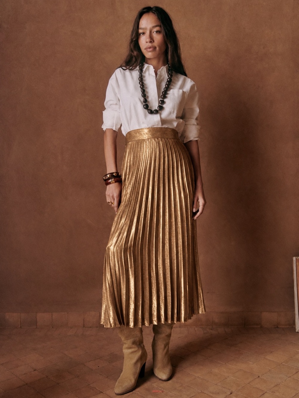 Sezane Bronze Pleated Midi Skirt
